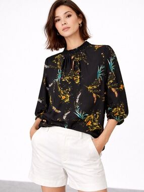 Worthington Floral Blouse Women Size Large Petite 3/4 Sleeve Dark Romantic